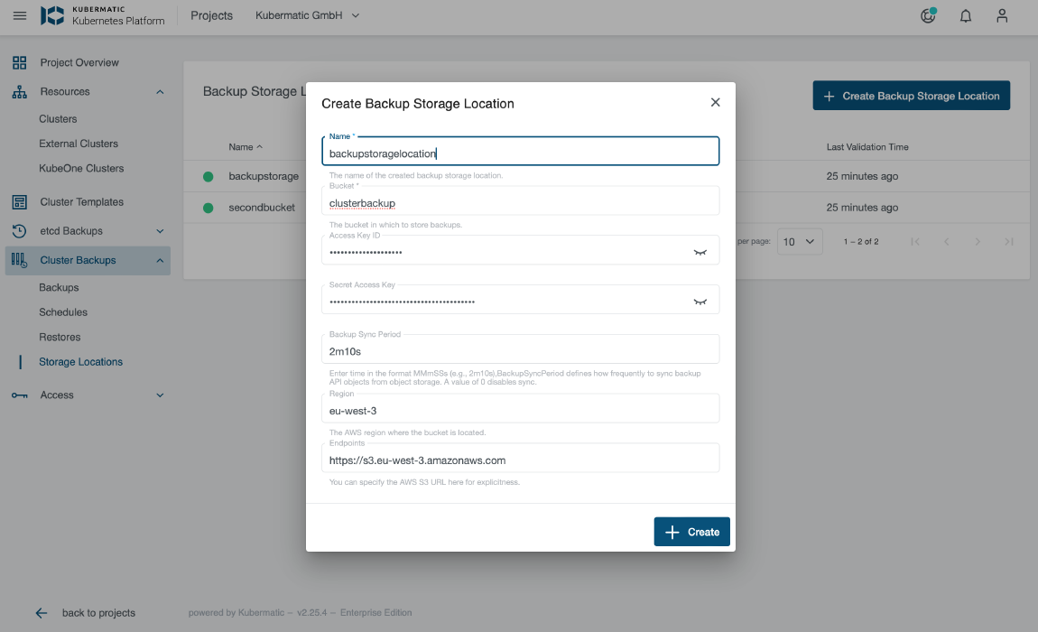 Kubermatic Kubernetes Platform Backups application screenshot 3